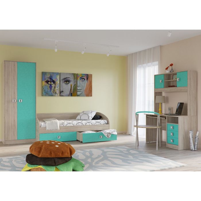 Кровать односпальная с двумя ящиками СИТИ 2045*850*735 Дуб сонома/Аква