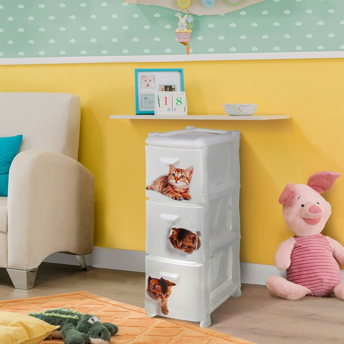 Комод 3 секции "Альт Деко. Котята" узкий, цвет белый