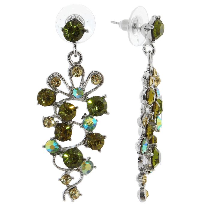 Серьги со стразами "Гроздь", цвет салатовый в серебре
