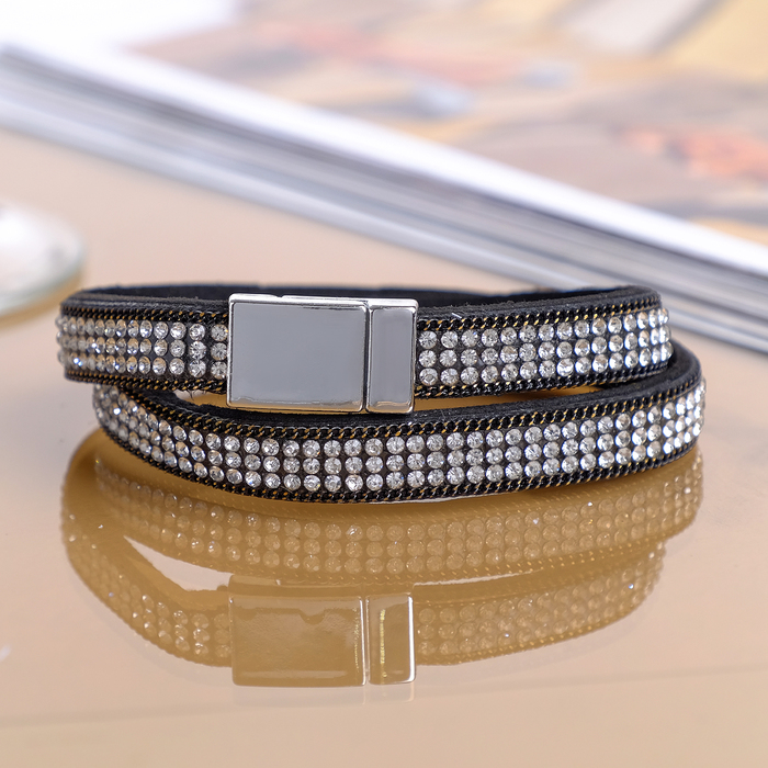 Браслет кожа "Каменная роскошь", цвет чёрно-белый в серебре