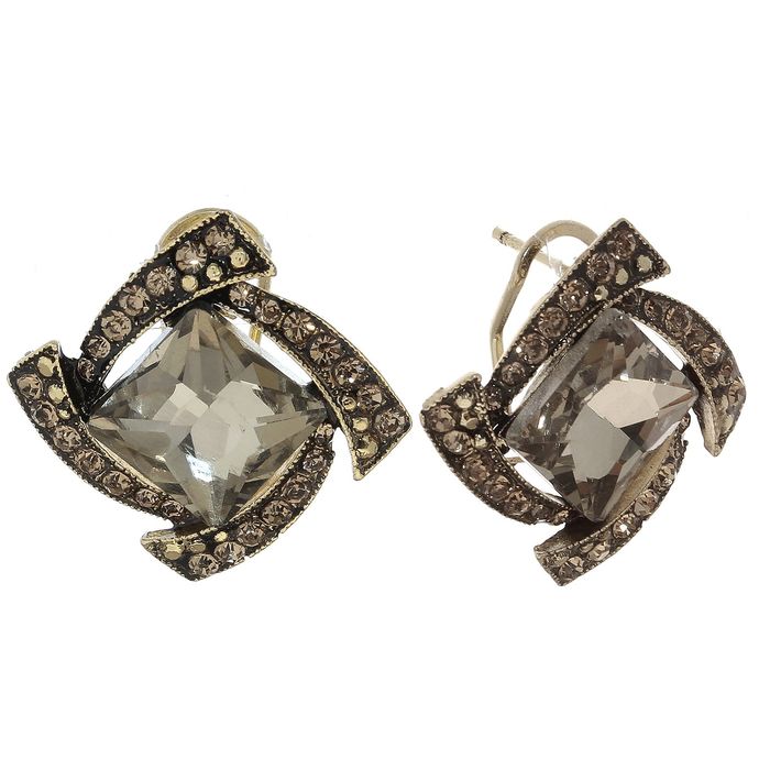 Серьги со стразами "Ромб" закрученный, цвет серый в чернёном золоте