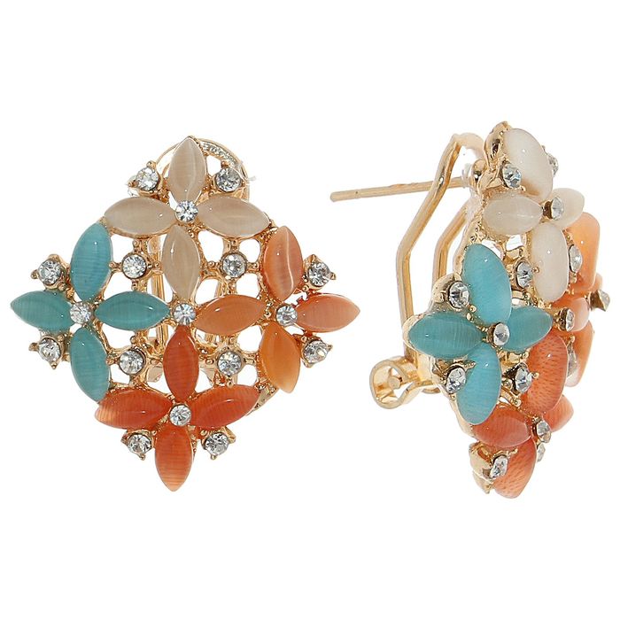 Серьги со стразами "Ромб цветочный", цветной в золоте