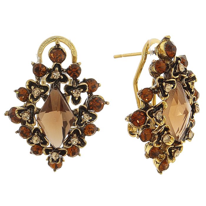 Серьги со стразами "Ромб" роскошный, цвет шампань с коричневым в чернёном золоте