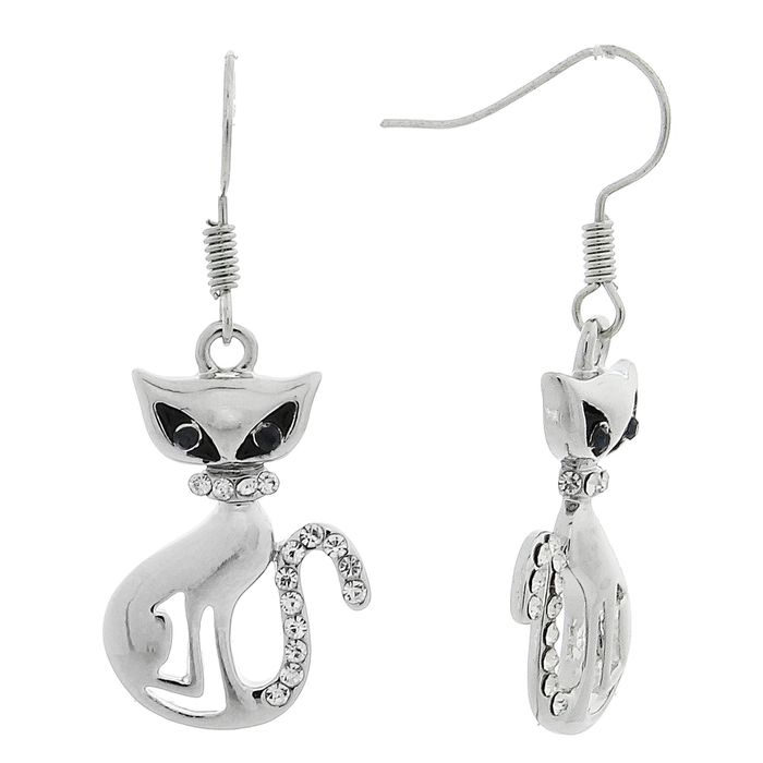 Серьги со стразами "Киса", цвет чёрно-белая в серебре