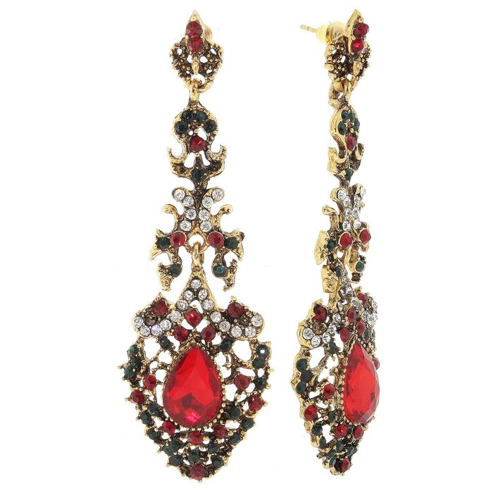 Серьги висячие со стразами "Капля" царица востока, цвет зелёно-рубиновый в чернёном золоте