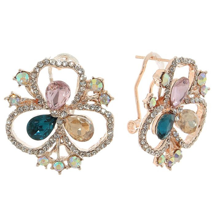 Серьги со стразами "Цветок" трилистник, цветной в золоте