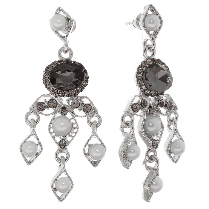 Серьги с жемчугом "Овал с каплями", цвет серо-белый в чернёном серебре