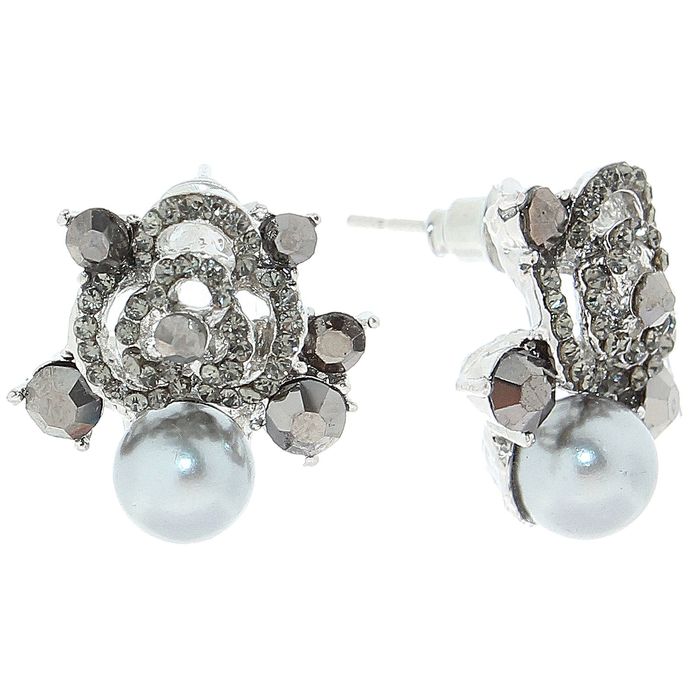 Серьги с жемчугом "Цветок с жемчужиной", цвет серый в серебре