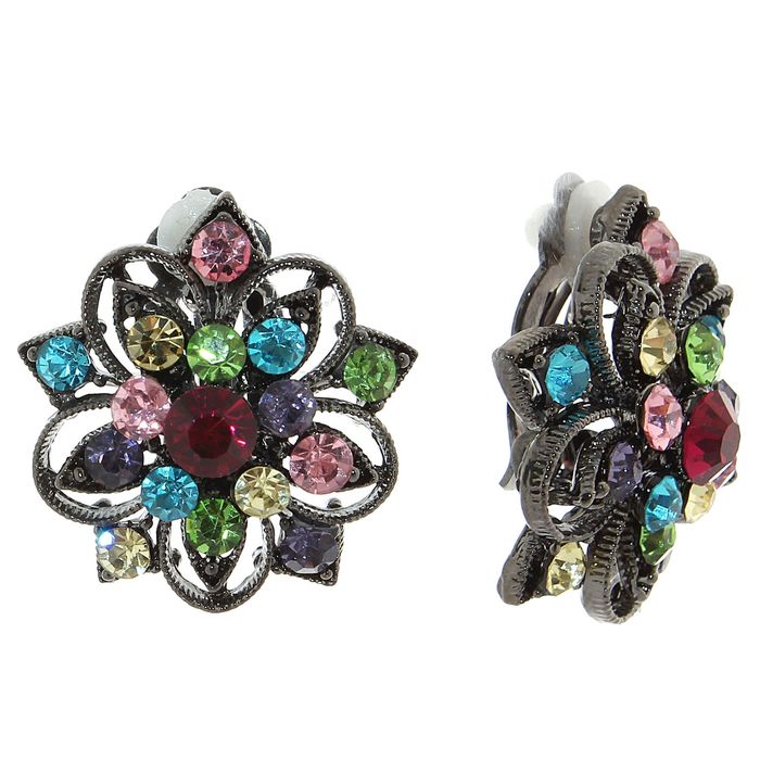 Клипсы "Цветы", цветные в чернёном серебре