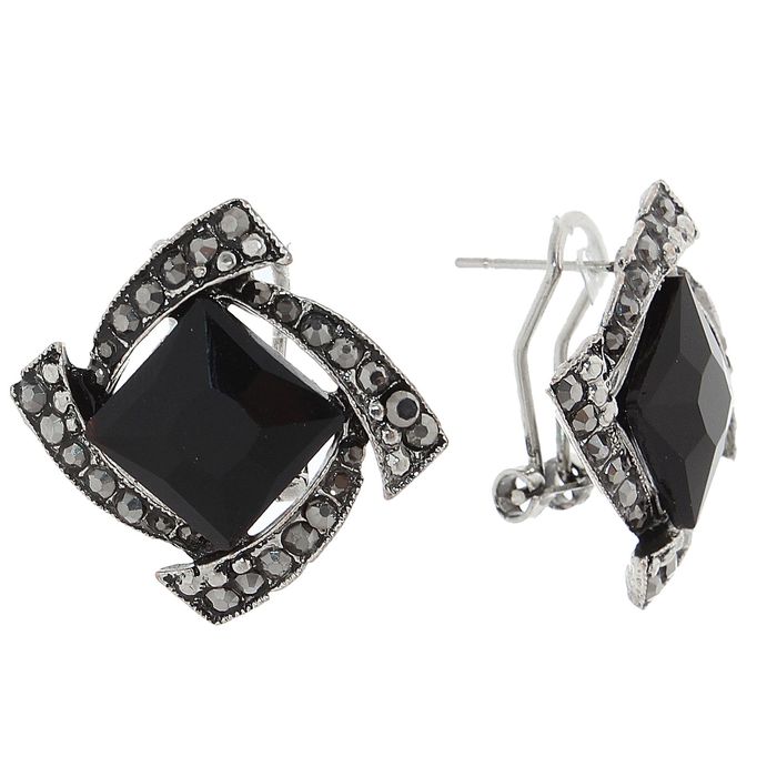 Серьги со стразами "Ромб" закрученный, цвет чёрный в чернёном серебре