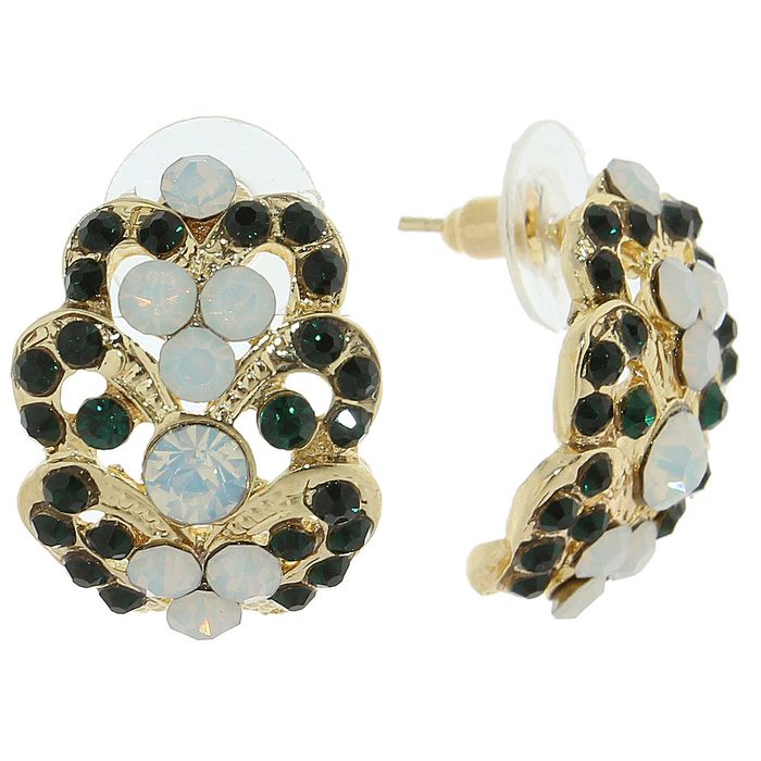 Серьги со стразами "Овал узорный", цвет изумрудный с мутным белым в золоте