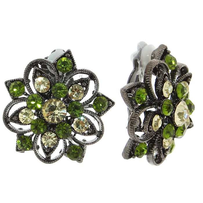 Клипсы "Цветы", цвет салатовый в чернёном серебре