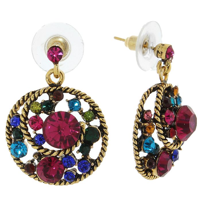 Серьги со стразами "Круг завиток", цветные в чернёном золоте