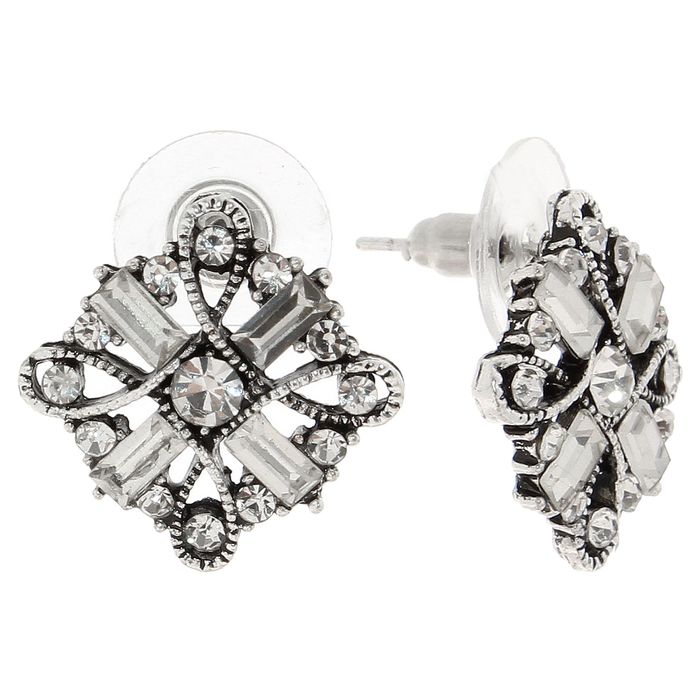 Серьги со стразами "Ромбы узорные", цвет белый в чернёном серебре