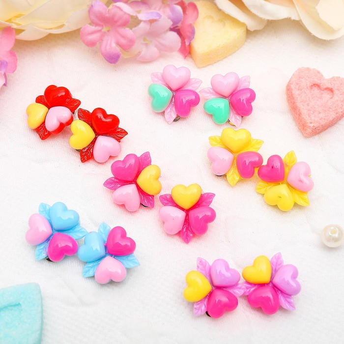 Клипсы детские "Выбражулька" три сердечка с листочками, цвет МИКС