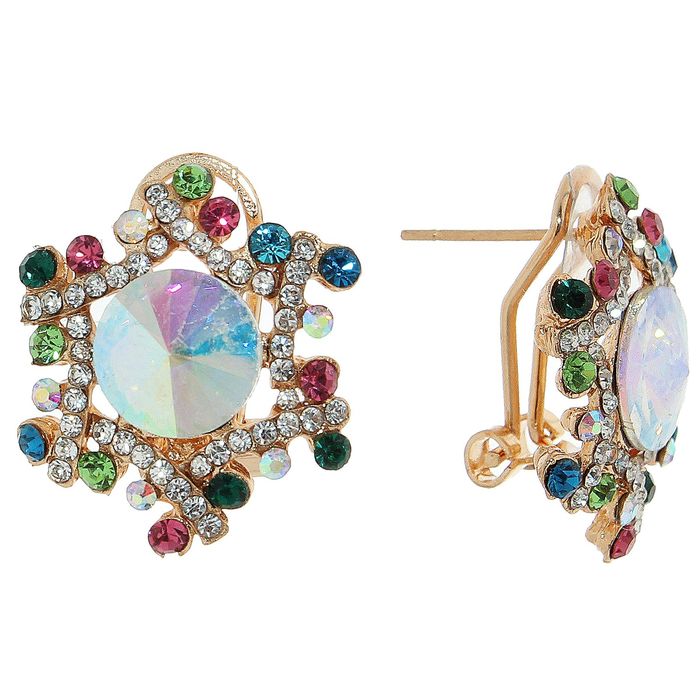 Серьги со стразами "Многогранник" снежинка, цветная в золоте