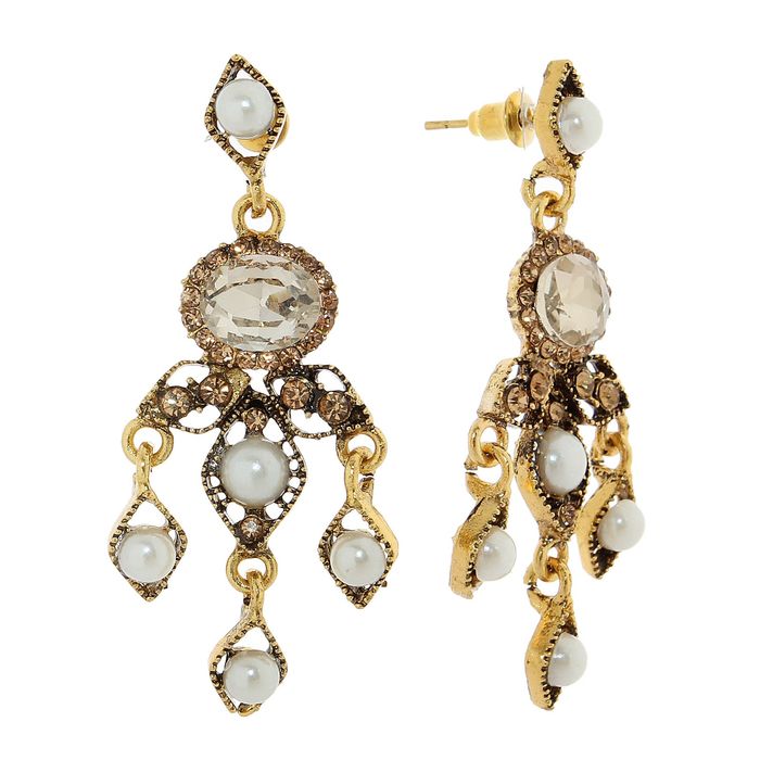 Серьги с жемчугом "Овал с каплями", цвет коричнево-белый в чернёном золоте