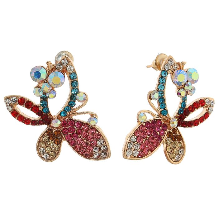 Серьги со стразами "Бабочка" игристая, цветной в золоте