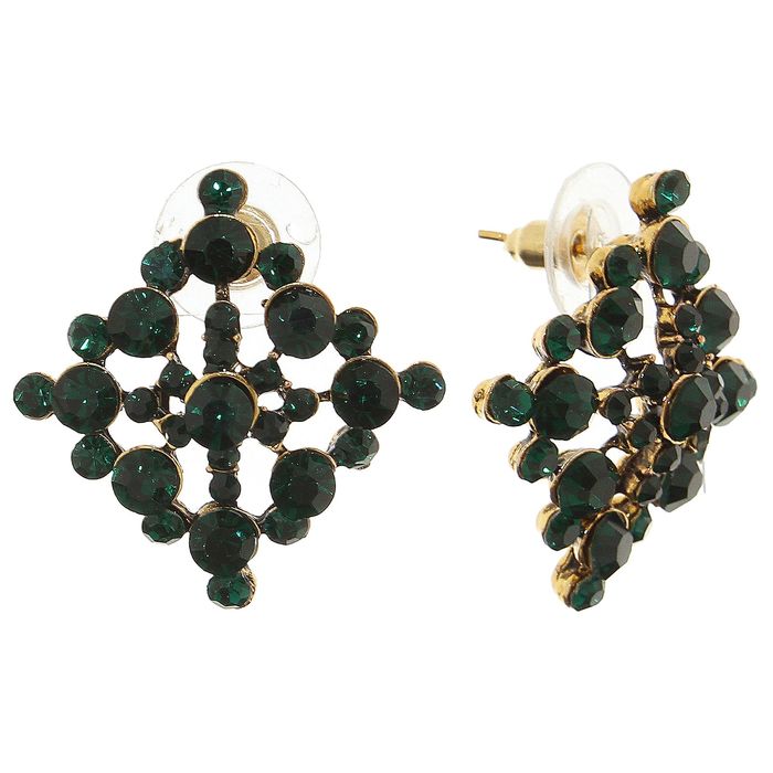 Серьги со стразами "Ромб ажурный", цвет изумруд в золоте