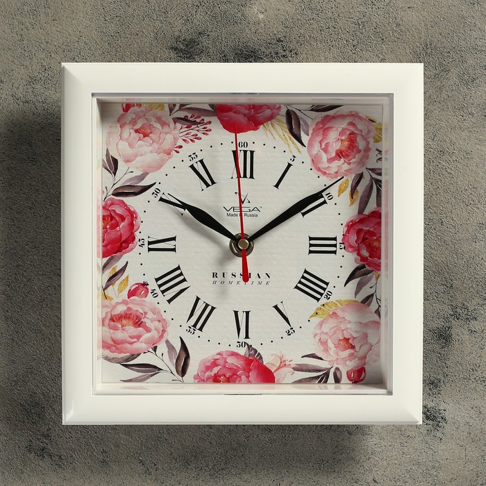 Часы настенные квадратные "Пионы", белая рамка, 20х20 см