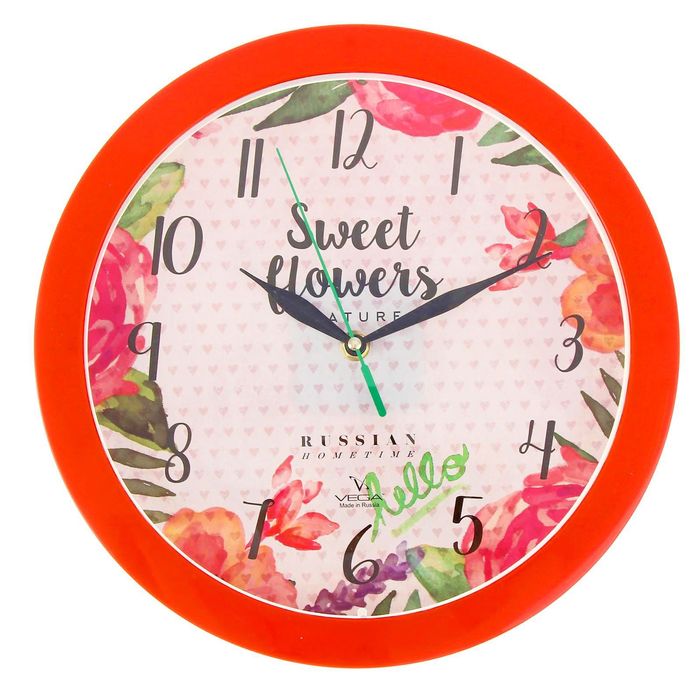 Часы настенные круглые "Цветы и сердца", красный обод, 28х28 см