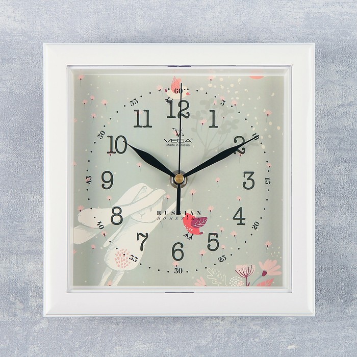 Часы настенные квадратные "Зайка", белая рамка, 20х20 см