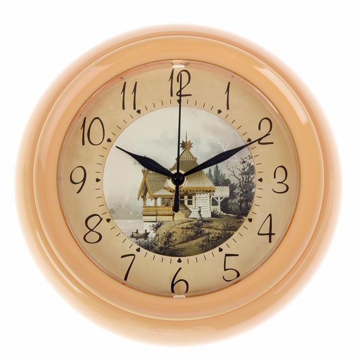 Часы настенные круглые "Домик в деревне", бежевый обод, 22х22 см