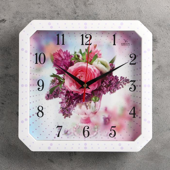 Часы настенные квадратные "Роза и сирень", белая рамка, 28х28 см