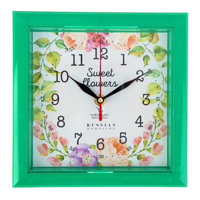 Часы настенные квадратные "Летние цветы", зелёная рамка, 20х20 см