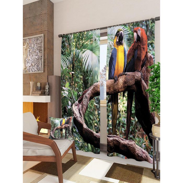 Комплект фотоштор "Попугаи", блэкаут, 2шт 148х260см, шторная лента (крючки), кулиска