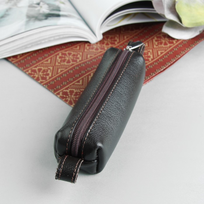 Ключница на молнии, металлическое кольцо, коричневая