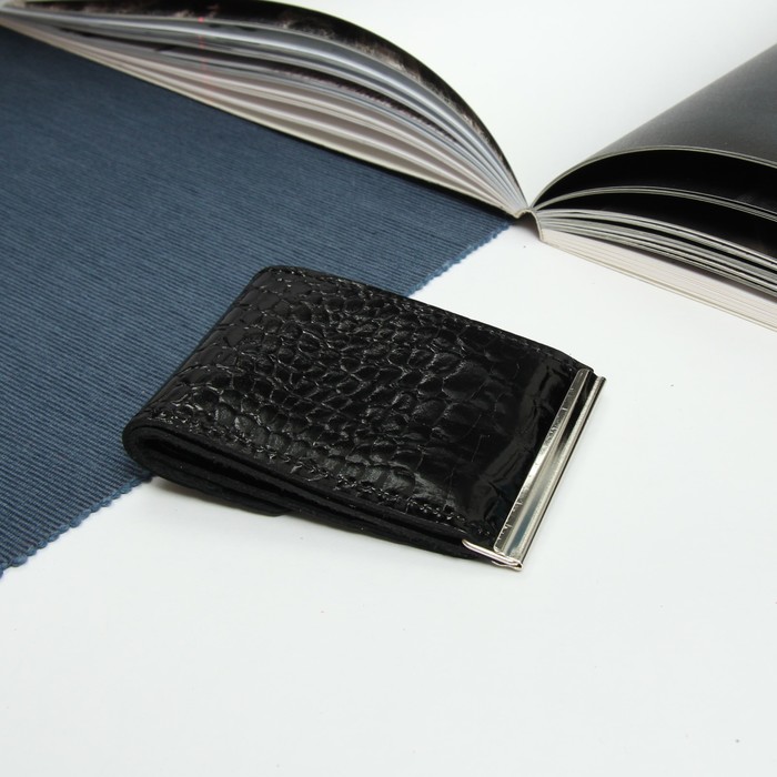 Зажим для купюр на кнопке, отдел для монет, крокодил, цвет чёрный