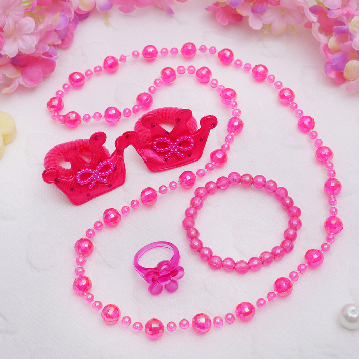 Набор детский "Выбражулька" 5 пред-тов:2 резинки, бусы, браслет, кольцо, корона, цвет малиновый