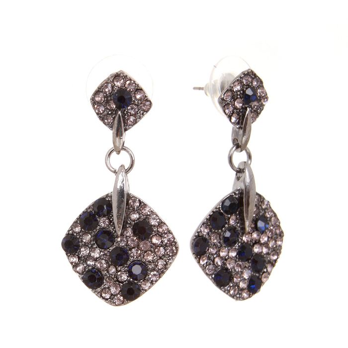 Серьги со стразами "Ромбы" дуэт, цвет бело-синий в сером металле