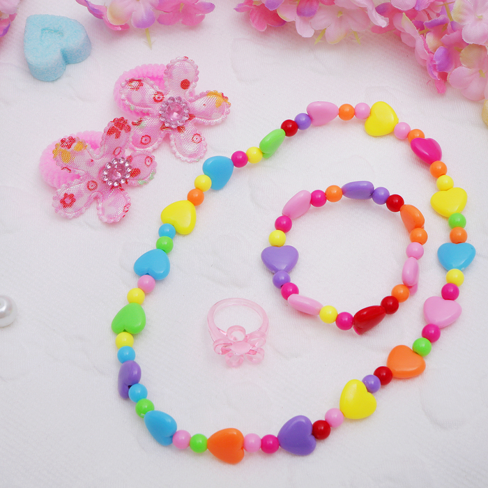 Набор детский "Выбражулька" 5 предметов: 2 резинки, бусы, браслет, кольцо, цветок с сердечком, цветной