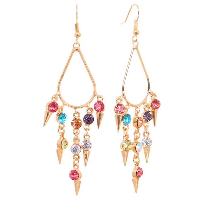 Серьги висячие со стразами "Капля" с шипами, цветной в золоте