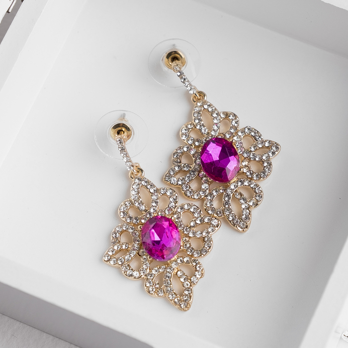 Серьги со стразами "Ромб" ажур, цвет розовый в золоте