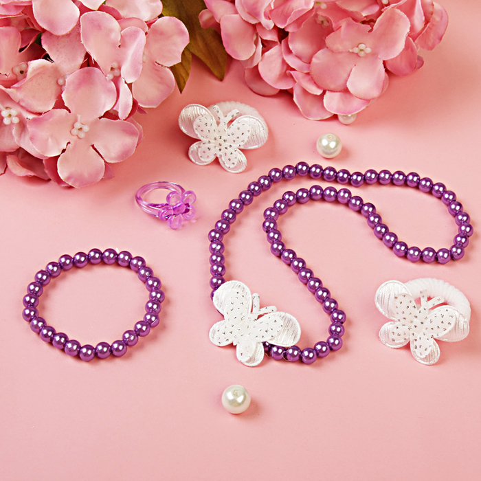 Набор детский "Выбражулька" 5 предметов: 2 резинки, кулон, браслет, кольцо, бабочки, цвет фиолетово-белый