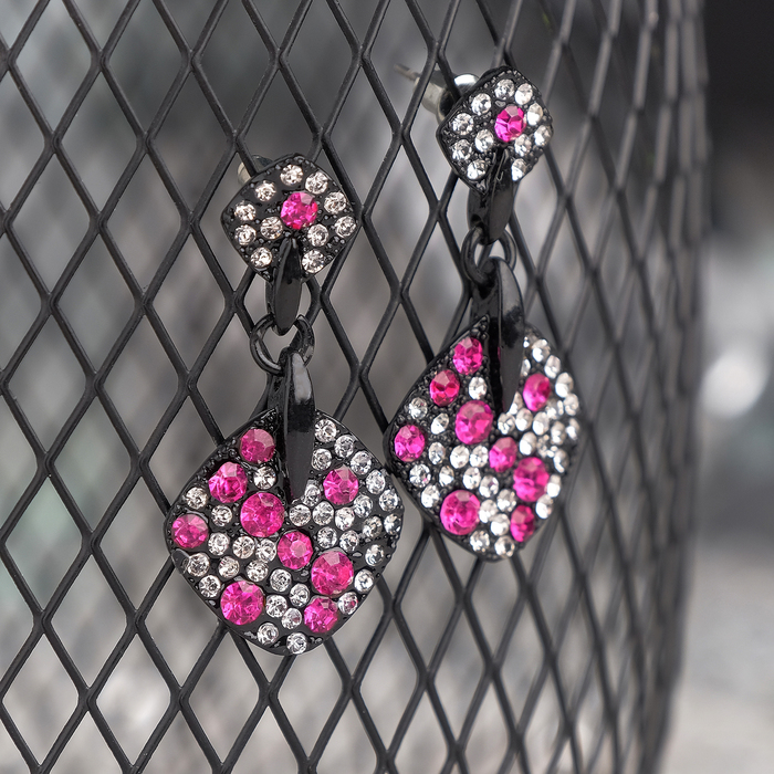 Серьги со стразами "Ромбы" дуэт, цвет розово-белый в сером металле