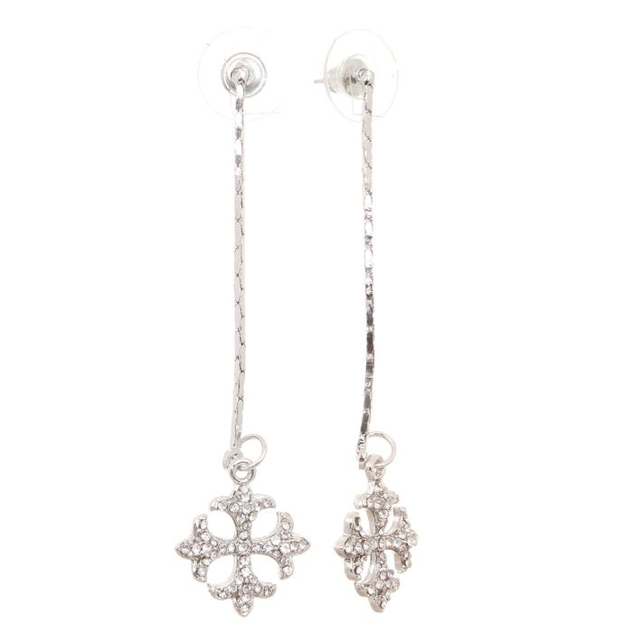 Серьги со стразами "Крест", цвет белый в серебре