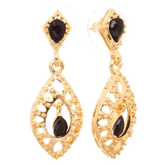 Серьги со стразами "Эллипс с каплей", цвет черный в золоте