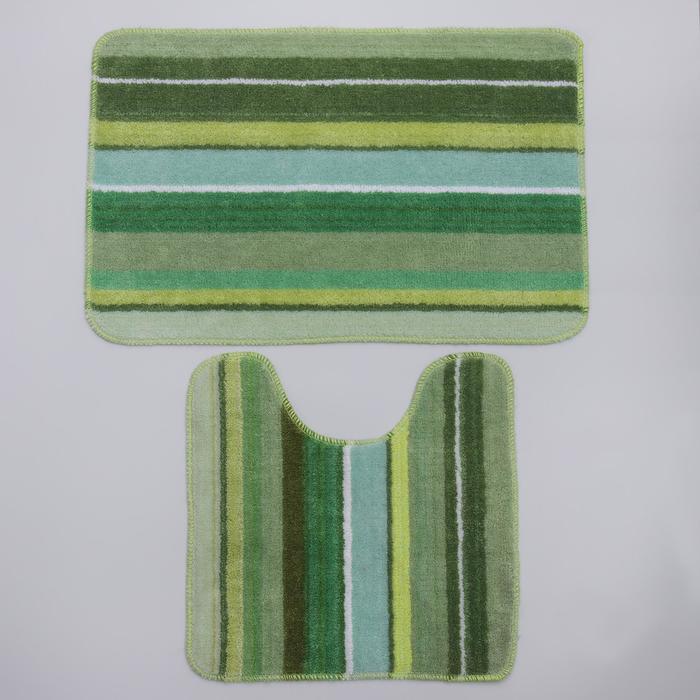 Набор ковриков для ванной и туалета "Полоски" 2 шт, цвет зеленый