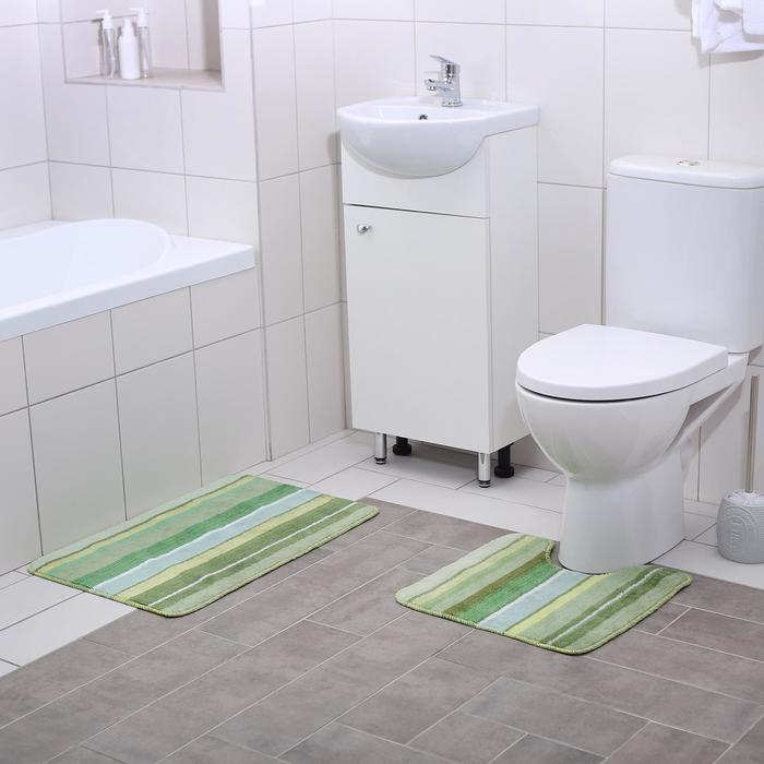 Набор ковриков для ванной и туалета "Полоски" 2 шт, цвет зеленый
