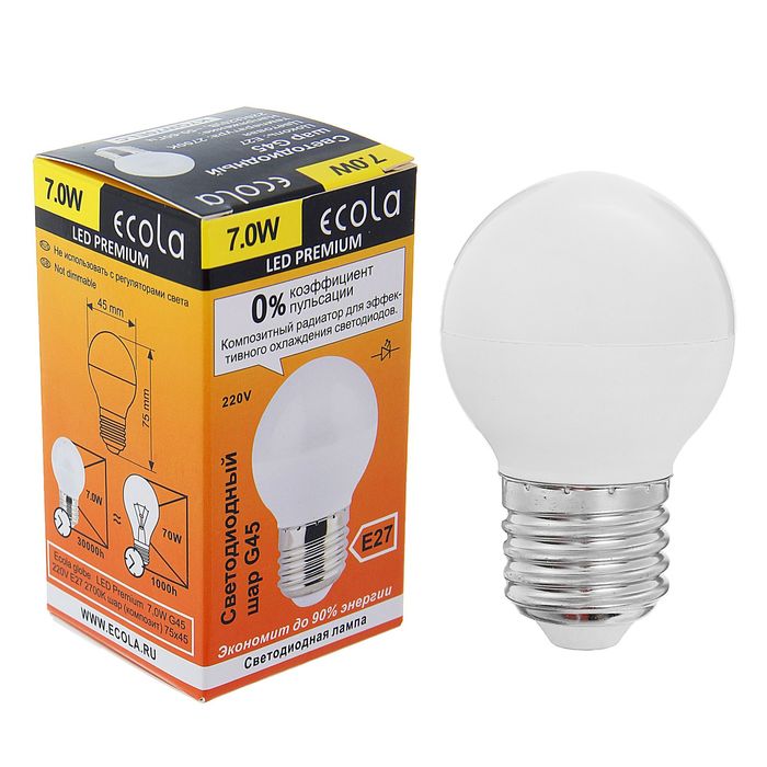 Лампа светодиодная Ecola, G45, E27, 7 Вт, 2700 К, "шар", композит