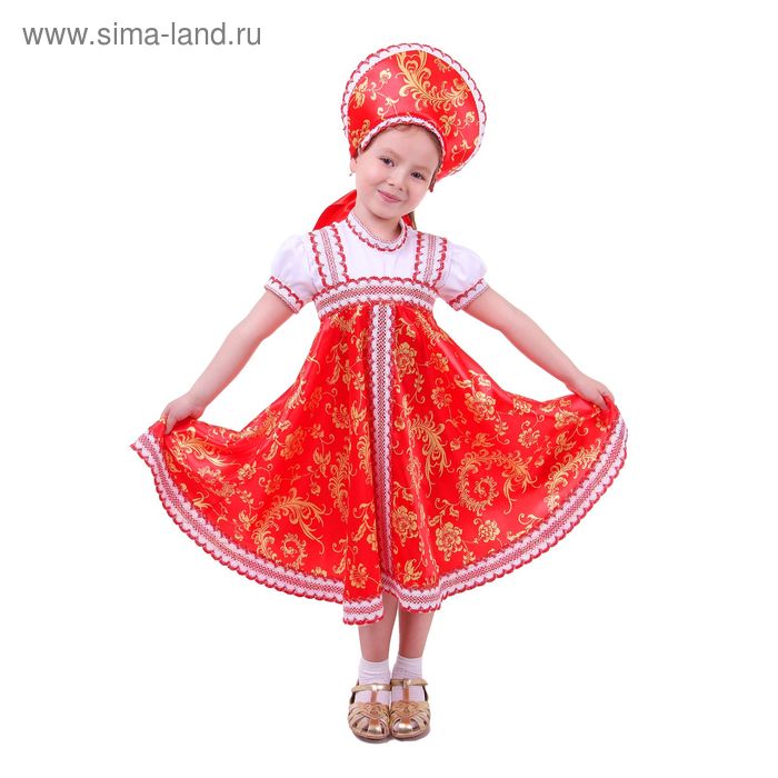 фото Русский народный костюм для девочки с кокошником, красно-бежевые узоры, р-р 64, рост 122-128 см страна карнавалия