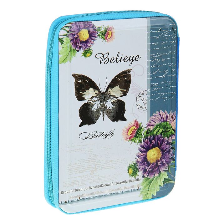Пенал 1 отделение на молнии металл с наполнением большой "Бабочка" 16 предметов