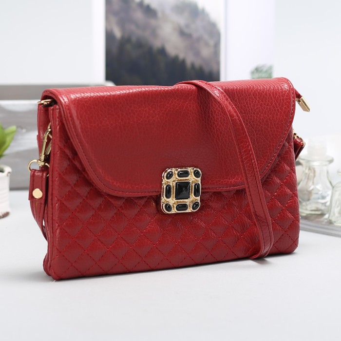 Клатч женский на молнии "Соты", 3 отдела, длинный ремень, красный