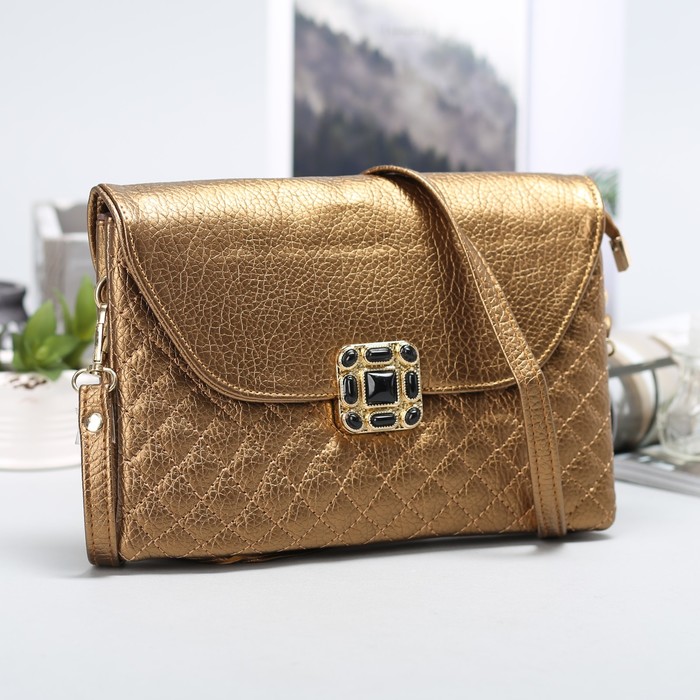 Клатч женский на молнии "Соты", 3 отдела, длинный ремень, цвет золотистый