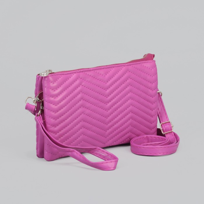 Клатч женский на молнии "Зигзаг", 3 отдела, с ручкой, длинный ремень, розовый