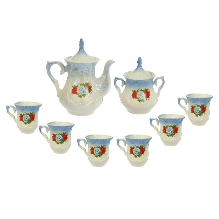Чайный набор "Элей" голубой, три розы, 8 предметов 0,6/ 0,25 л